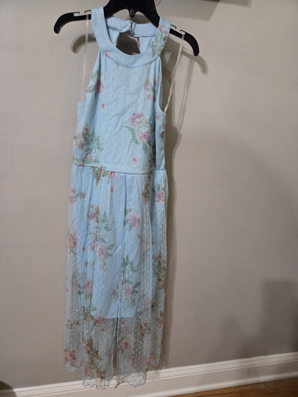 Zunie Light Blue Floral Halter Tulle Overlay Dress